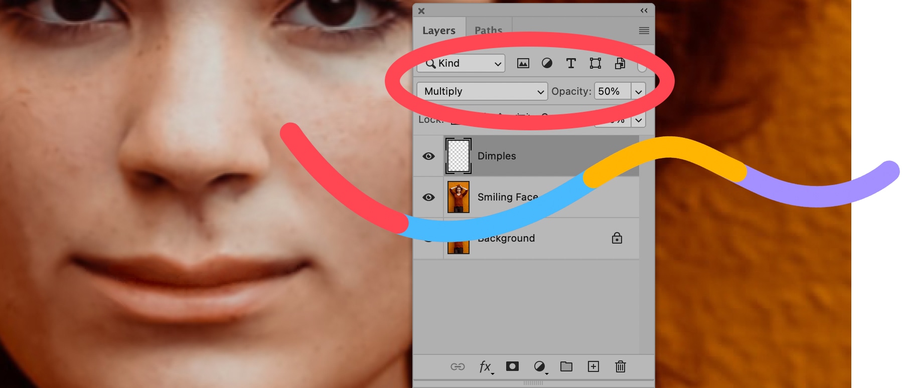 Photoshop Layers panel with Multiply blending mode set for enhancing dimples in smile editing.