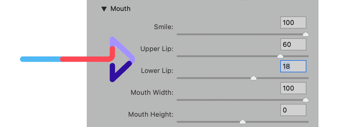 Photoshop Face-Aware Liquify settings for adjusting upper and lower lip for smile enhancement.