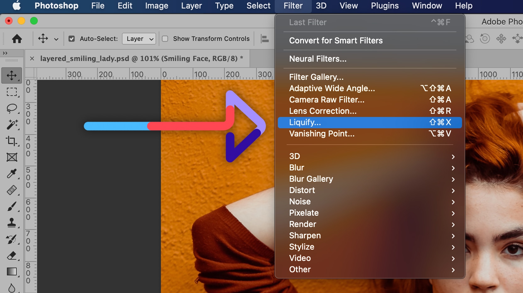 Photoshop tutorial showing how to use Liquify tool for smile enhancement in brand images.
