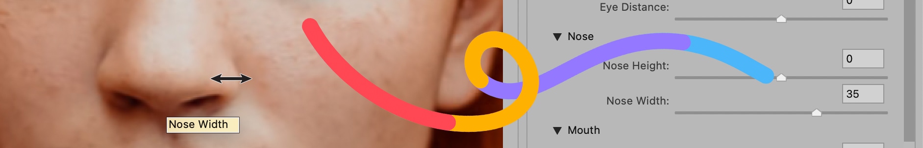 Photoshop Face-Aware Liquify tool adjusting nose width for subtle facial refinement.