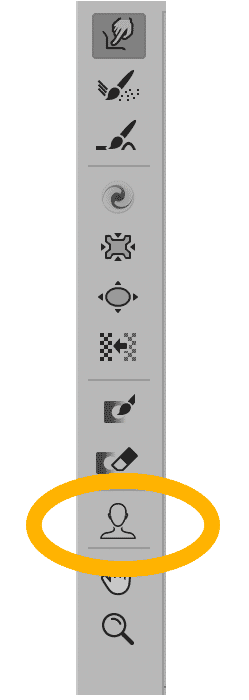 Close-up of Photoshop toolbar highlighting the Face-Aware Liquify tool for smile editing.