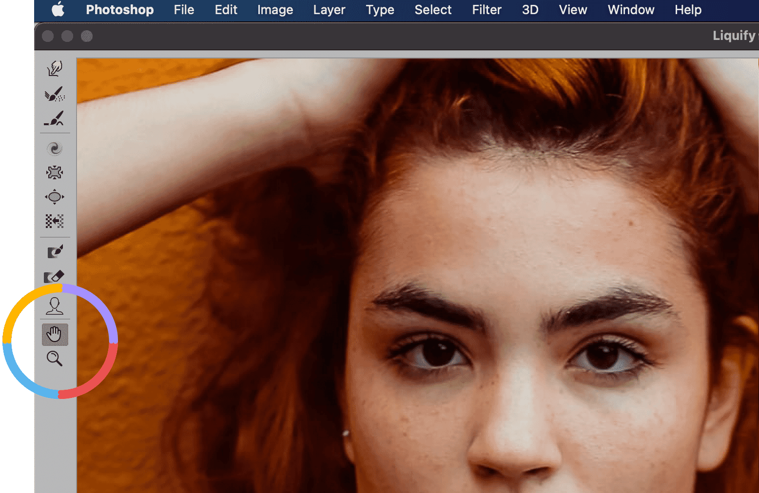 Photoshop tutorial showing the selection of Face-Aware Liquify tool for smile adjustments.