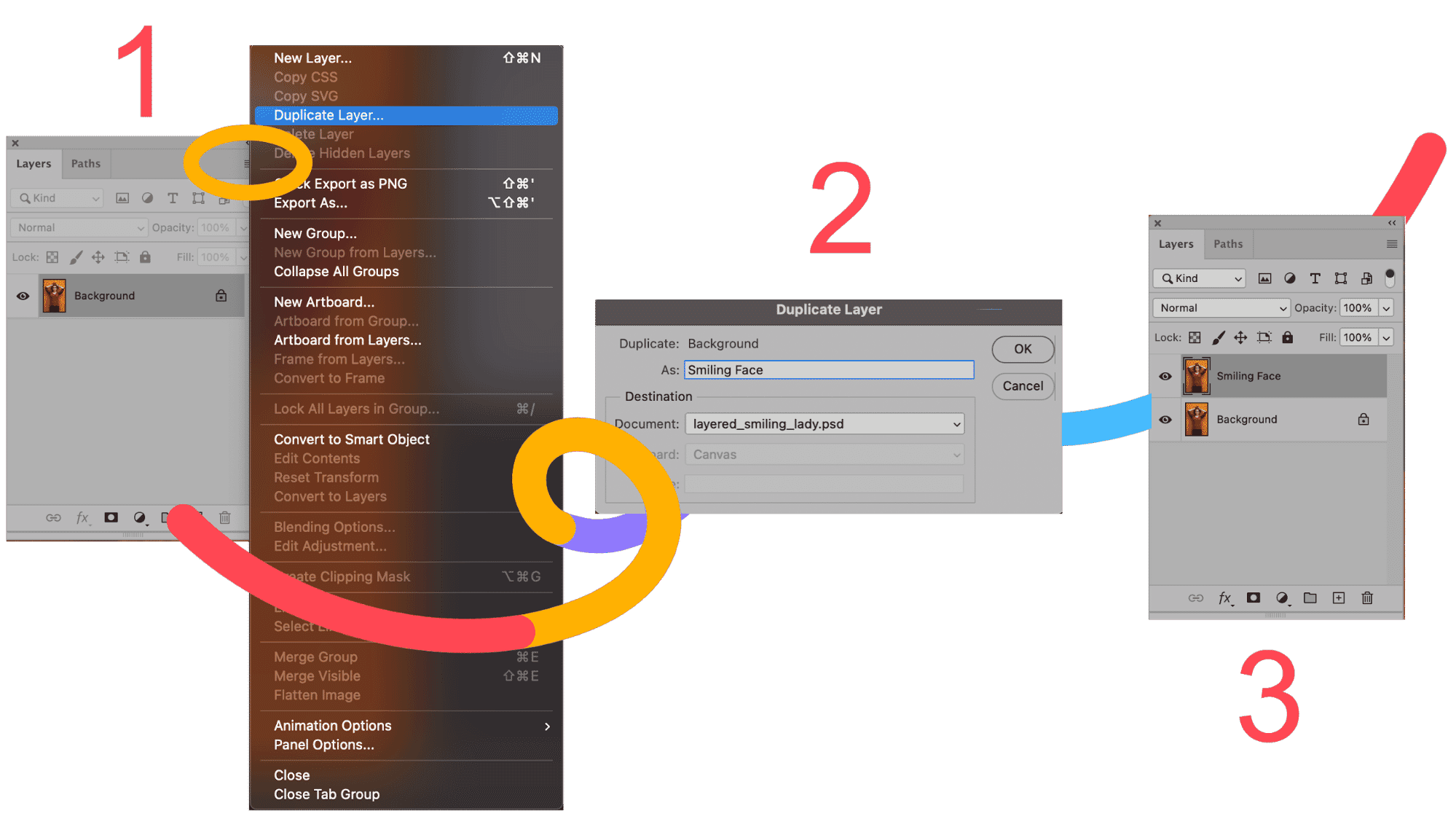 Photoshop tutorial showing how to duplicate layers for smile editing, step-by-step instructions for brands.