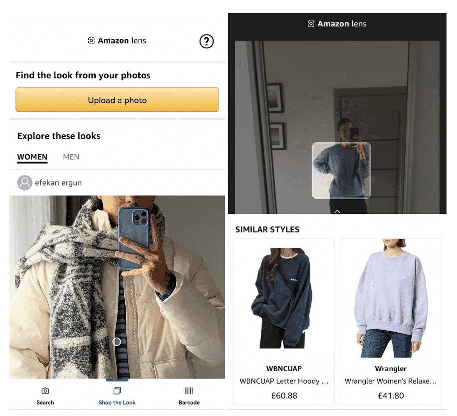 Amazon Lens app showing similar style recommendations for a grey hoodie and puffer jacket outfit.