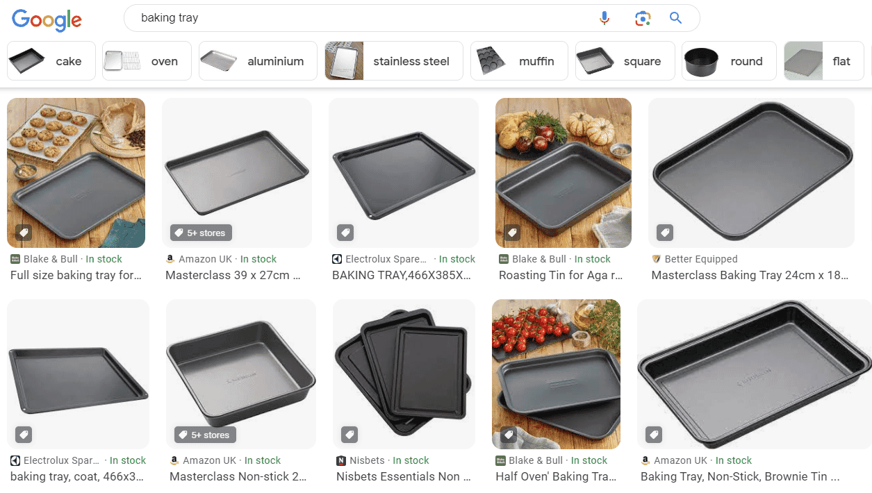 Google search results for baking trays, showing different sizes and styles, including non-stick and aluminum options