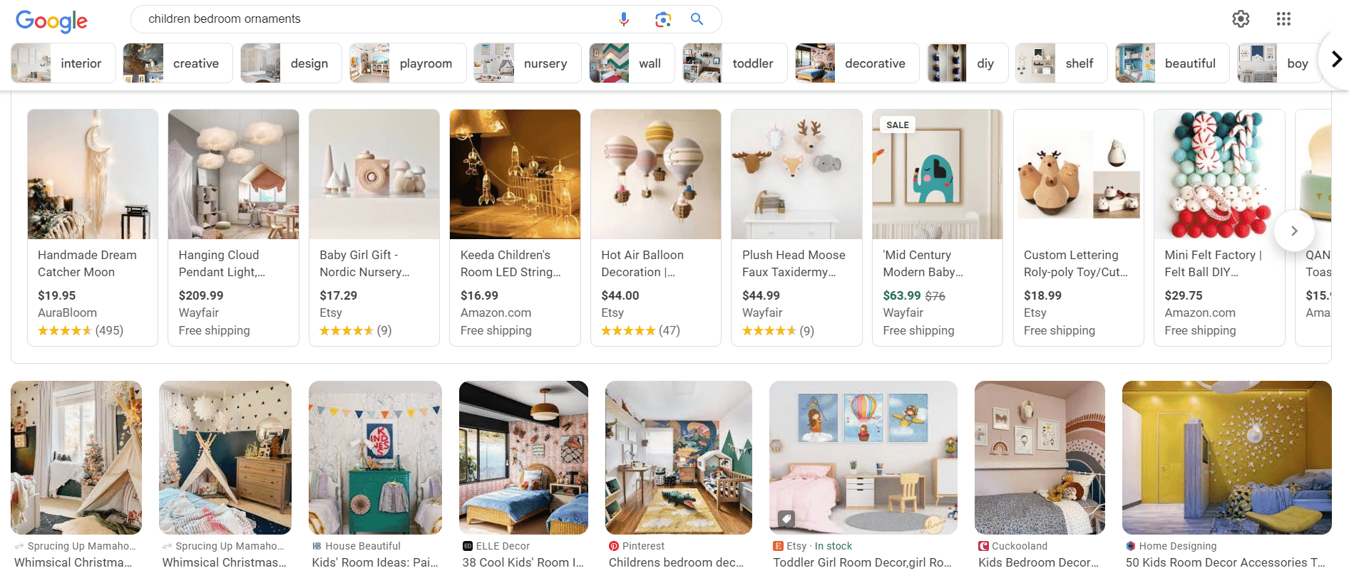 Google search results for children’s bedroom ornaments featuring decor items like dream catchers, cloud lights, and wall decorations
