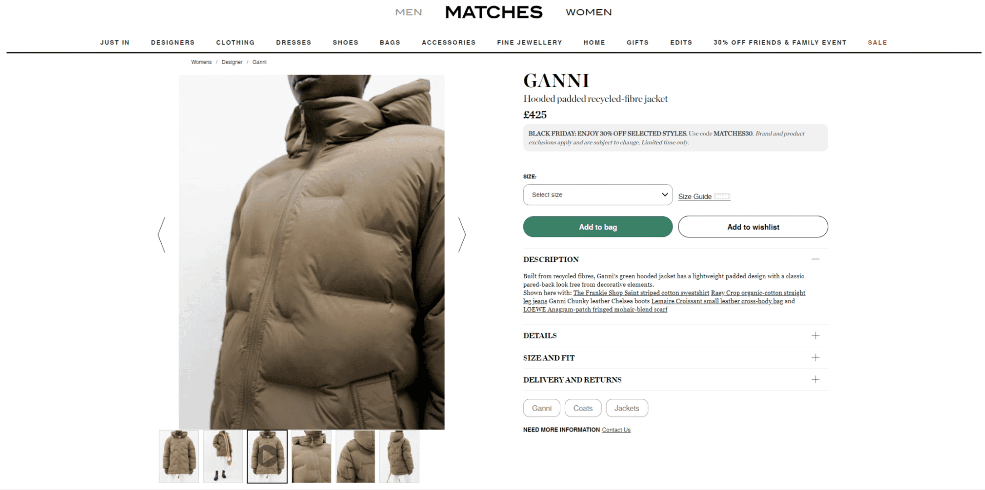 MatchesFashion product page for GANNI hooded padded recycled-fibre jacket in green.
