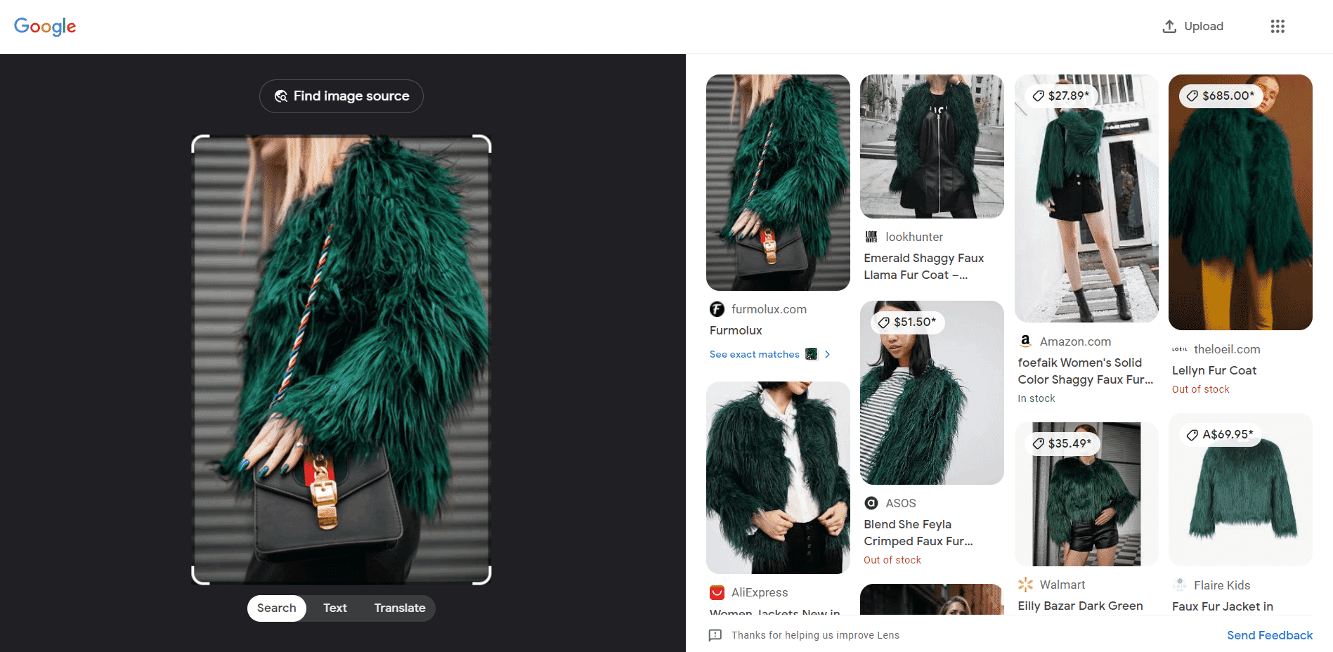 Google Lens results displaying similar green faux fur coats, with various prices and retailers