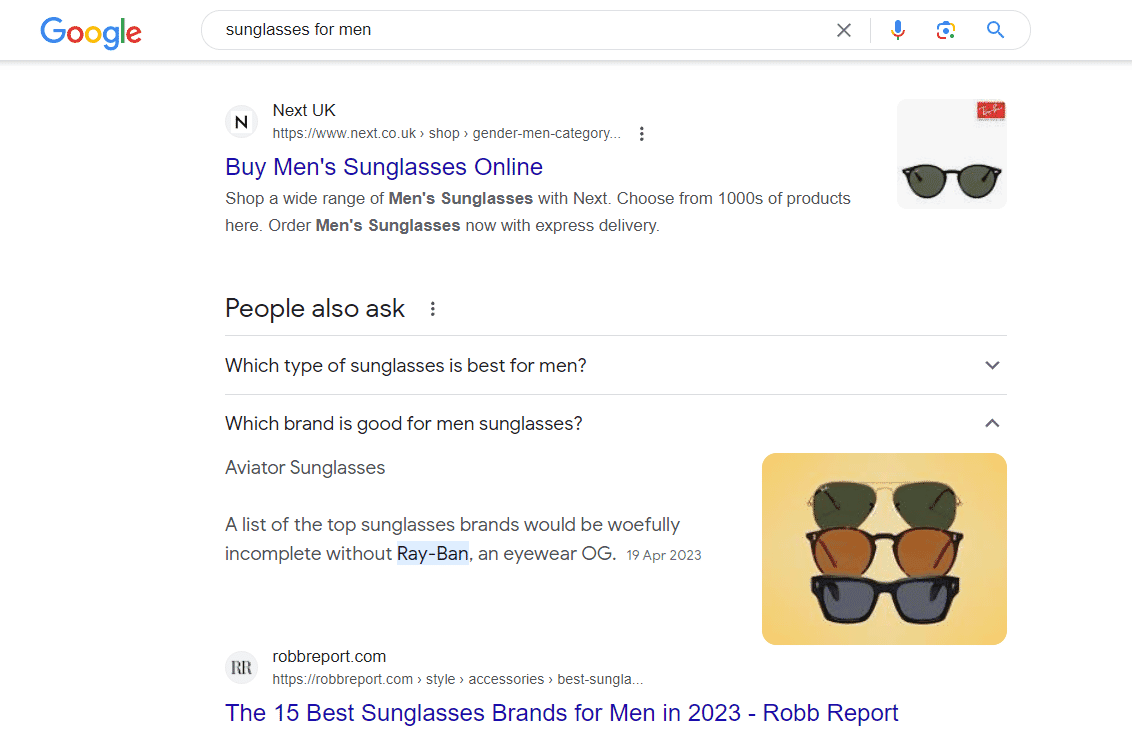 Google search results for 'sunglasses for men' with shopping and brand suggestions.