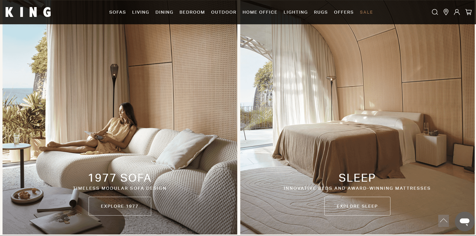 Modern living room with 1977 sofa and bedroom with elegant bed from KING furniture collection