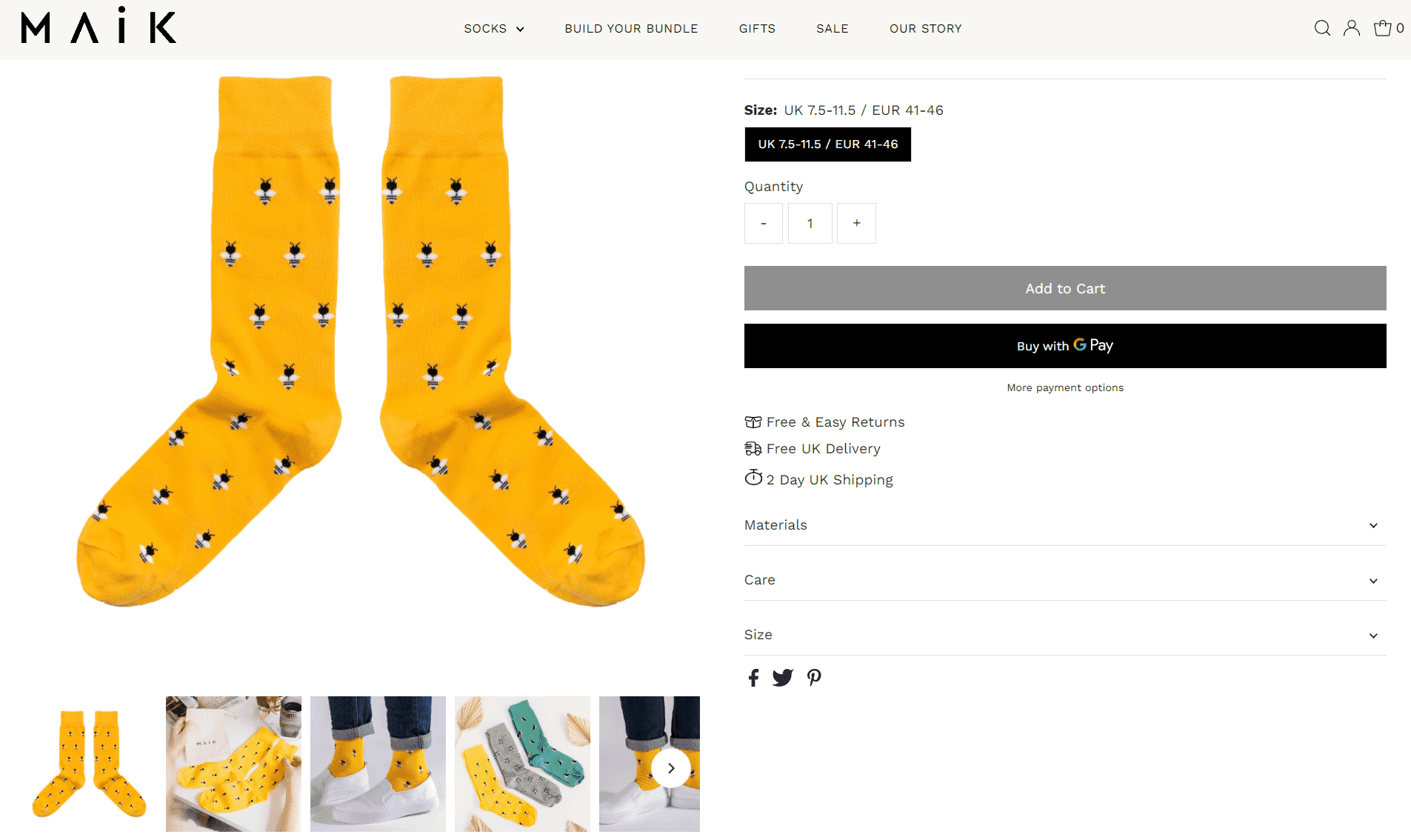 Bright yellow MAiK socks with small bee pattern, available in UK size 7.5-11.5.