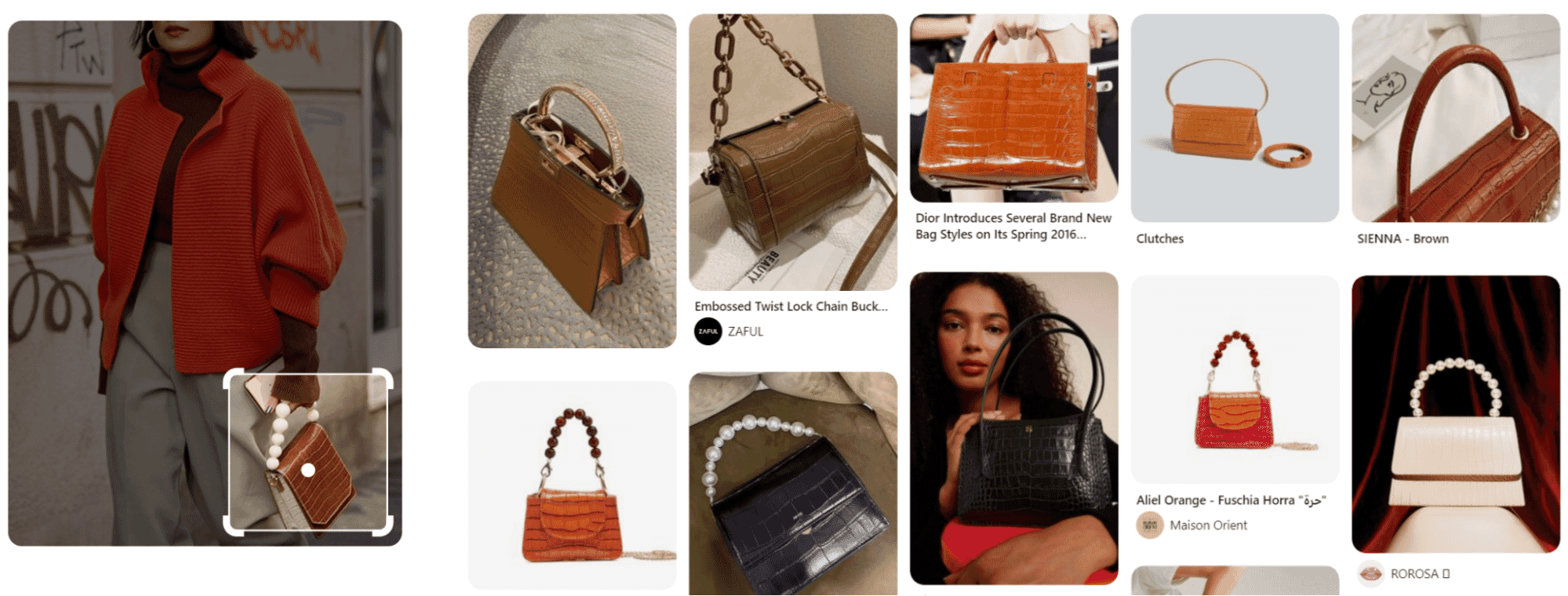 Pinterest results featuring various brown croc-embossed bags and clutches with different styles and brands.