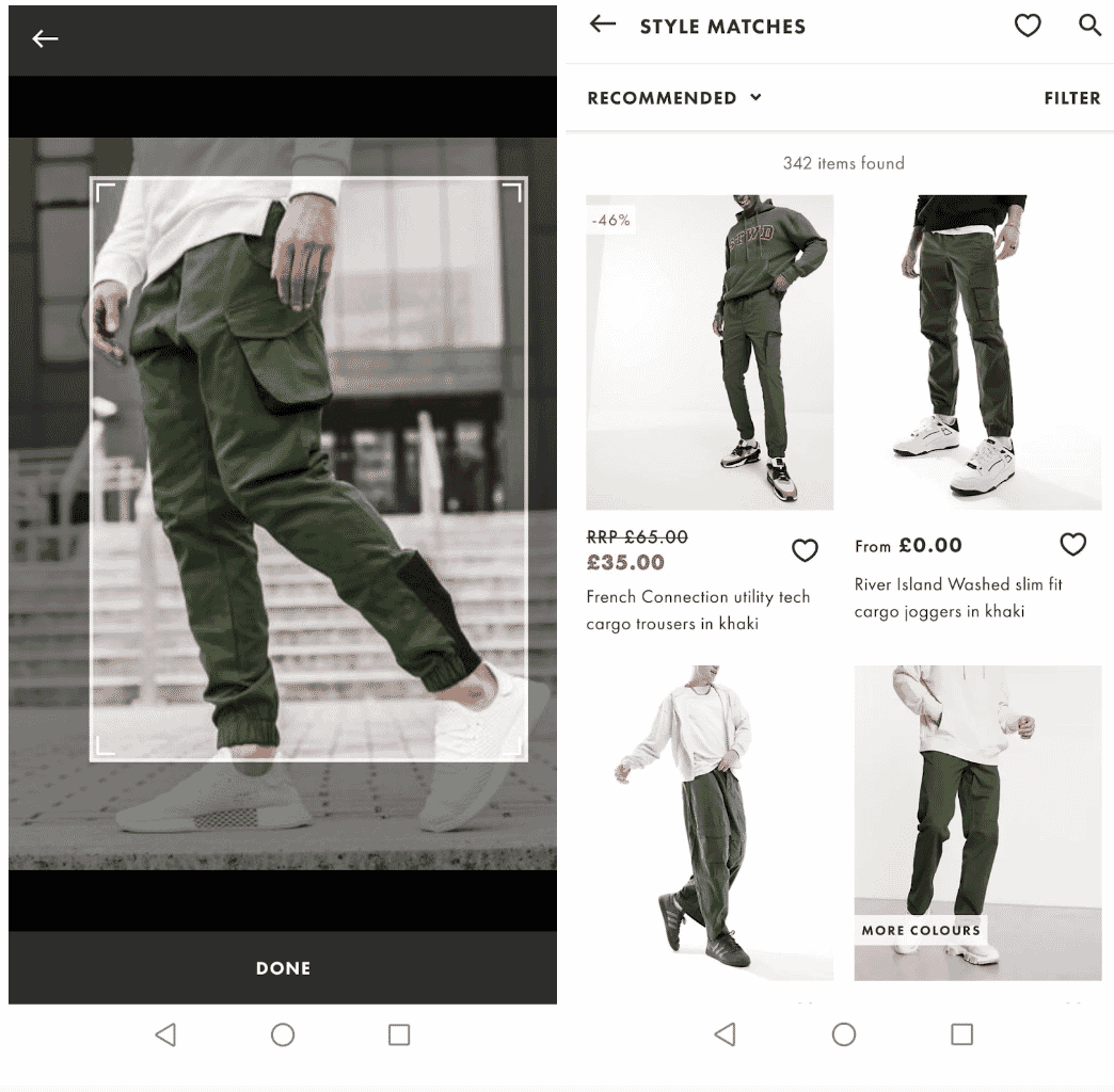 Style matching app displaying green cargo pants and similar shopping recommendations in khaki.