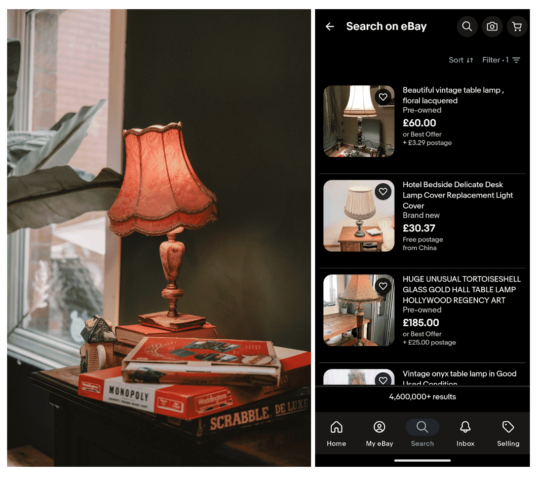 Vintage lamp with books and decor beside eBay app search for similar vintage lamps