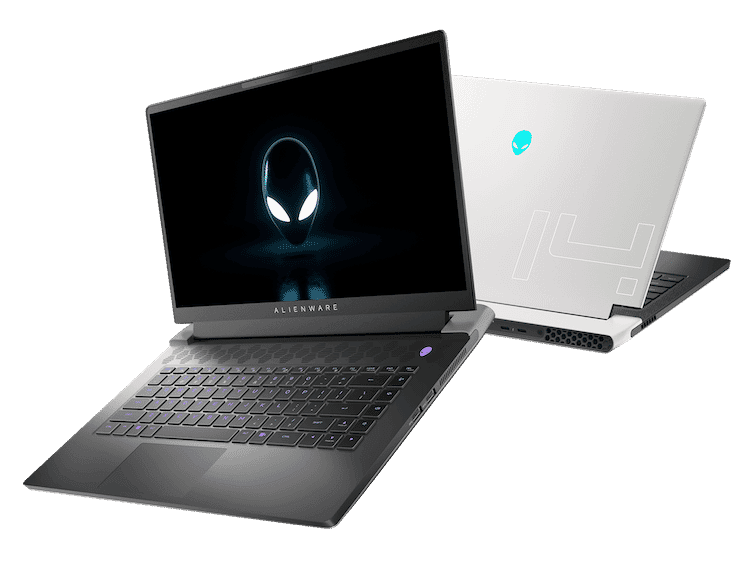 Two Alienware laptops with one open, displaying the Alienware logo on the screen