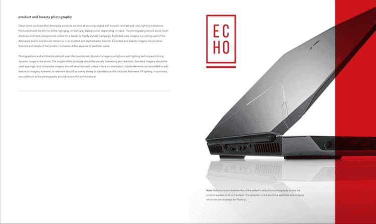 Alienware laptop in profile view with ECHO branding guidelines for product photography