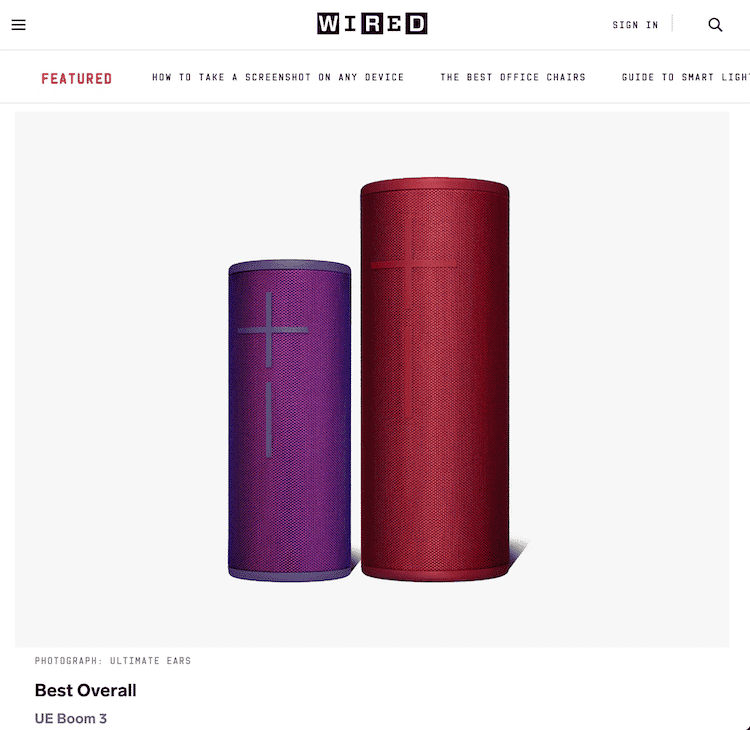 Purple and red UE Boom 3 Bluetooth speakers featured on Wired as Best Overall