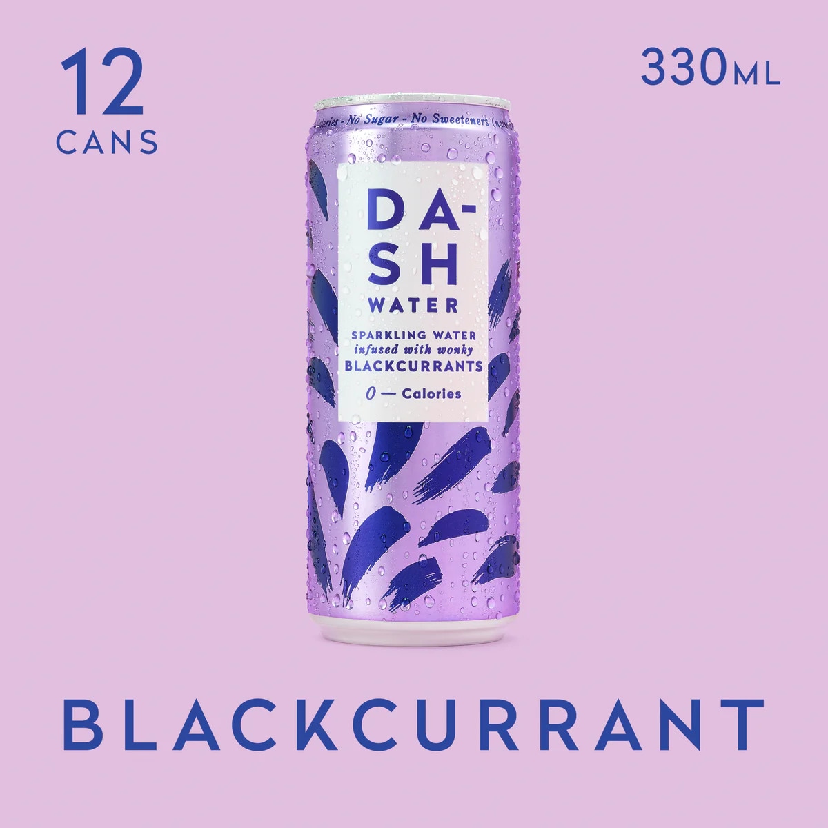 DASH Water blackcurrant-flavored sparkling water can, 330ml, with zero calories on a light purple background.