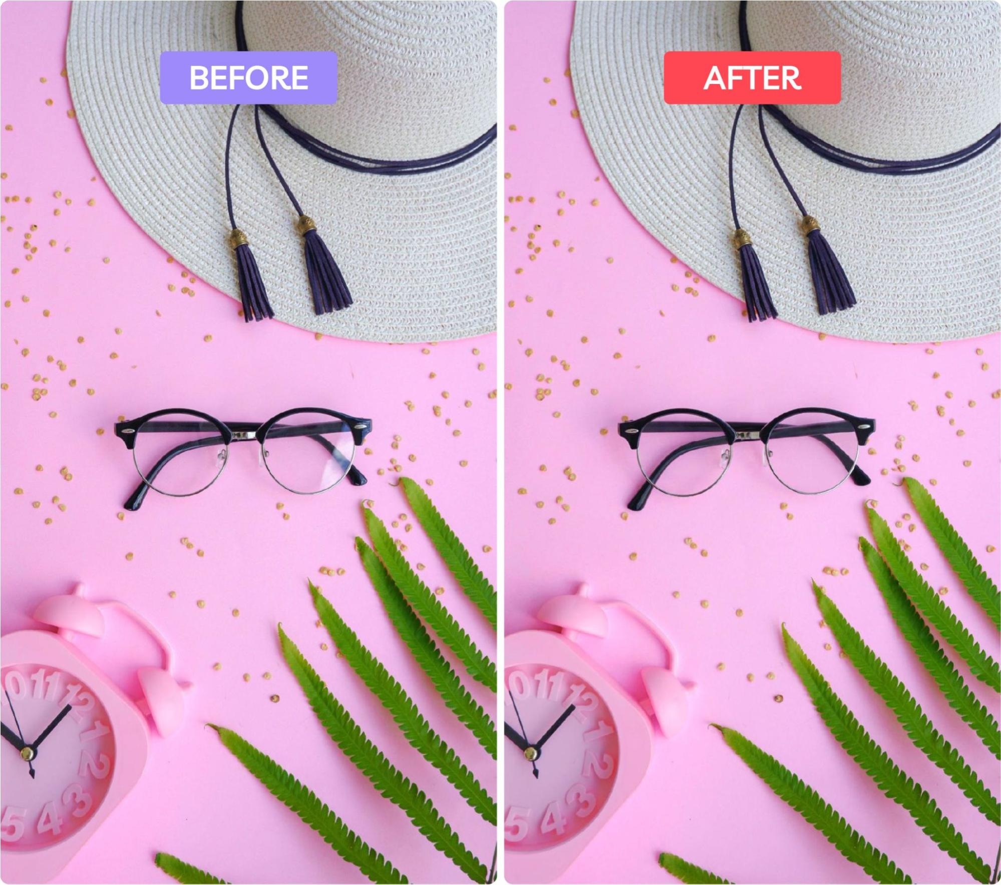 Side-by-side view of a flatlay featuring a sunhat, glasses, pink clock, and green leaves on a pink background, showing before and after retouching.