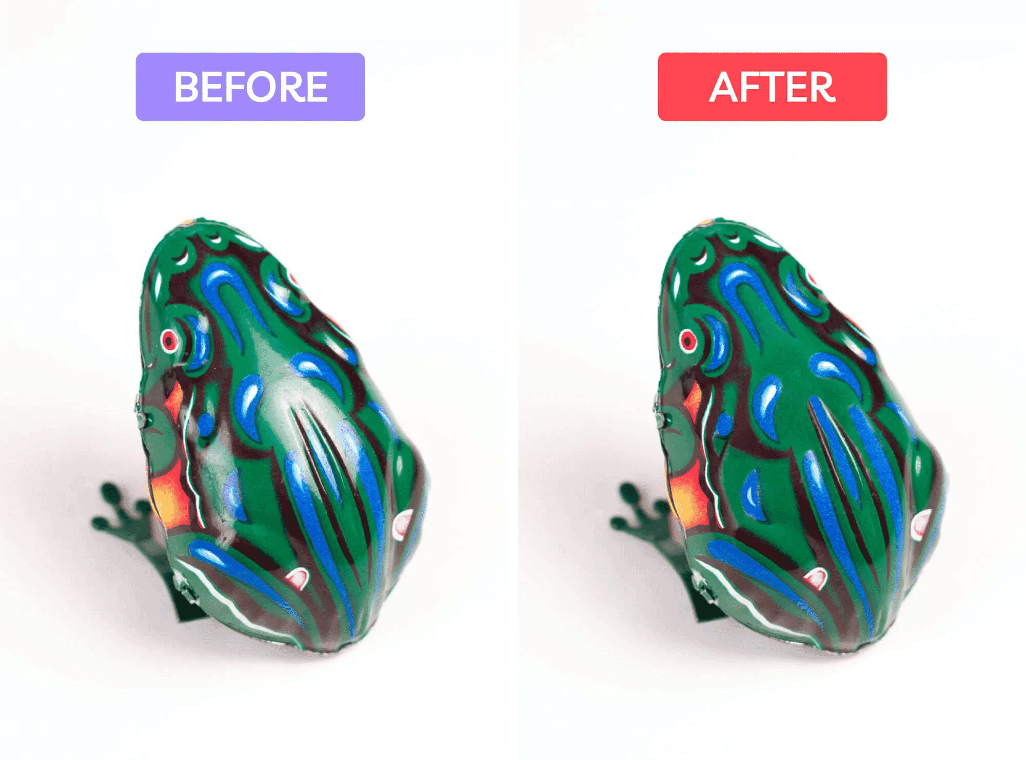 Side-by-side comparison of a green frog figurine before and after enhancement, showing color vibrancy improvements.