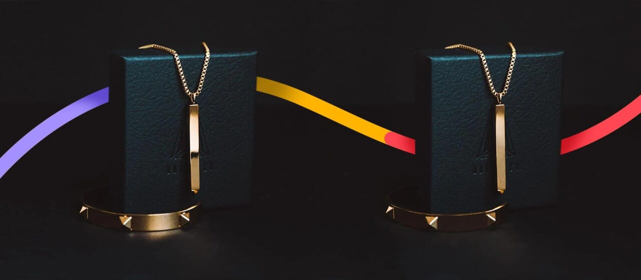 Gold bracelet and necklace on black box with color change background effect, showcasing before and after editing.