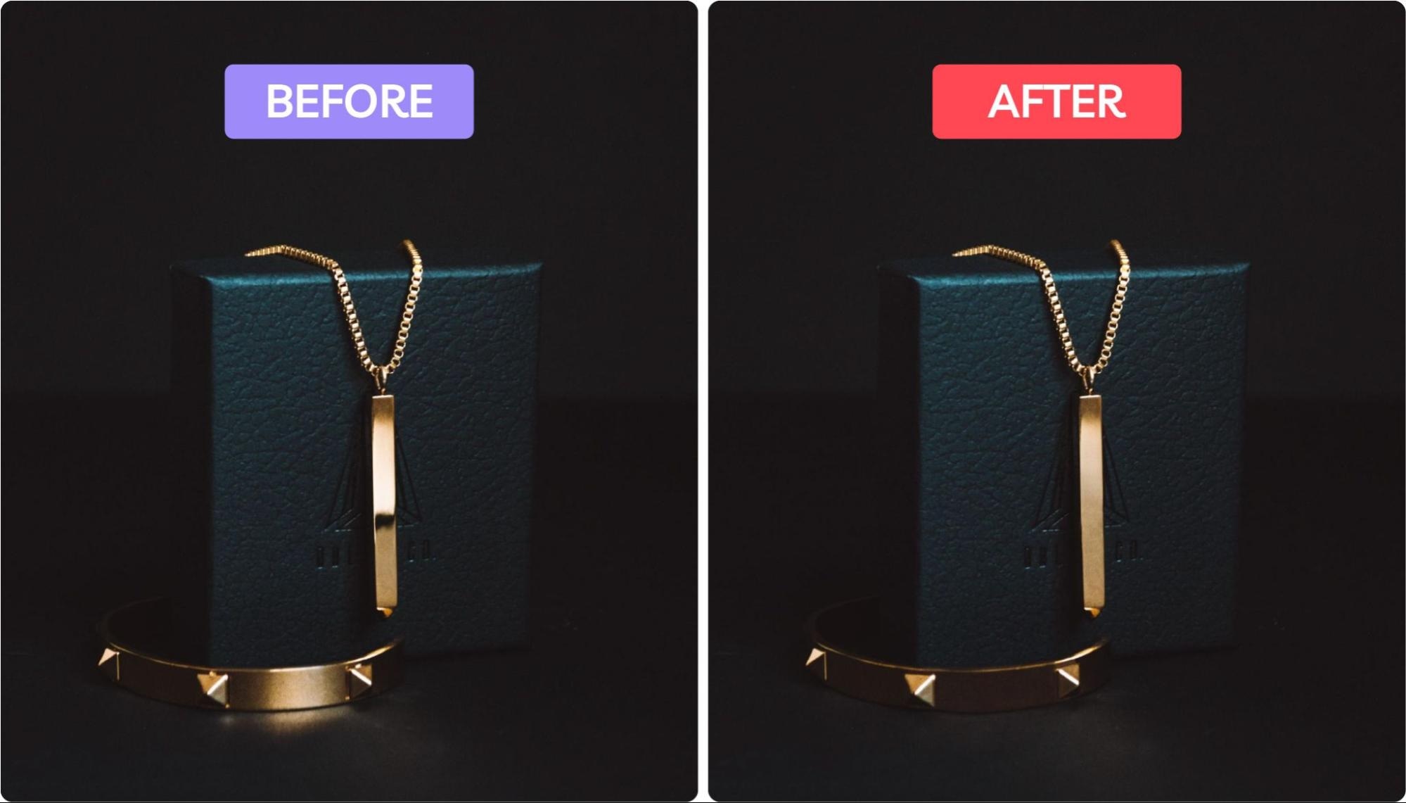Side-by-side comparison of a gold necklace and bracelet before and after enhancement, with improved color and brightness.