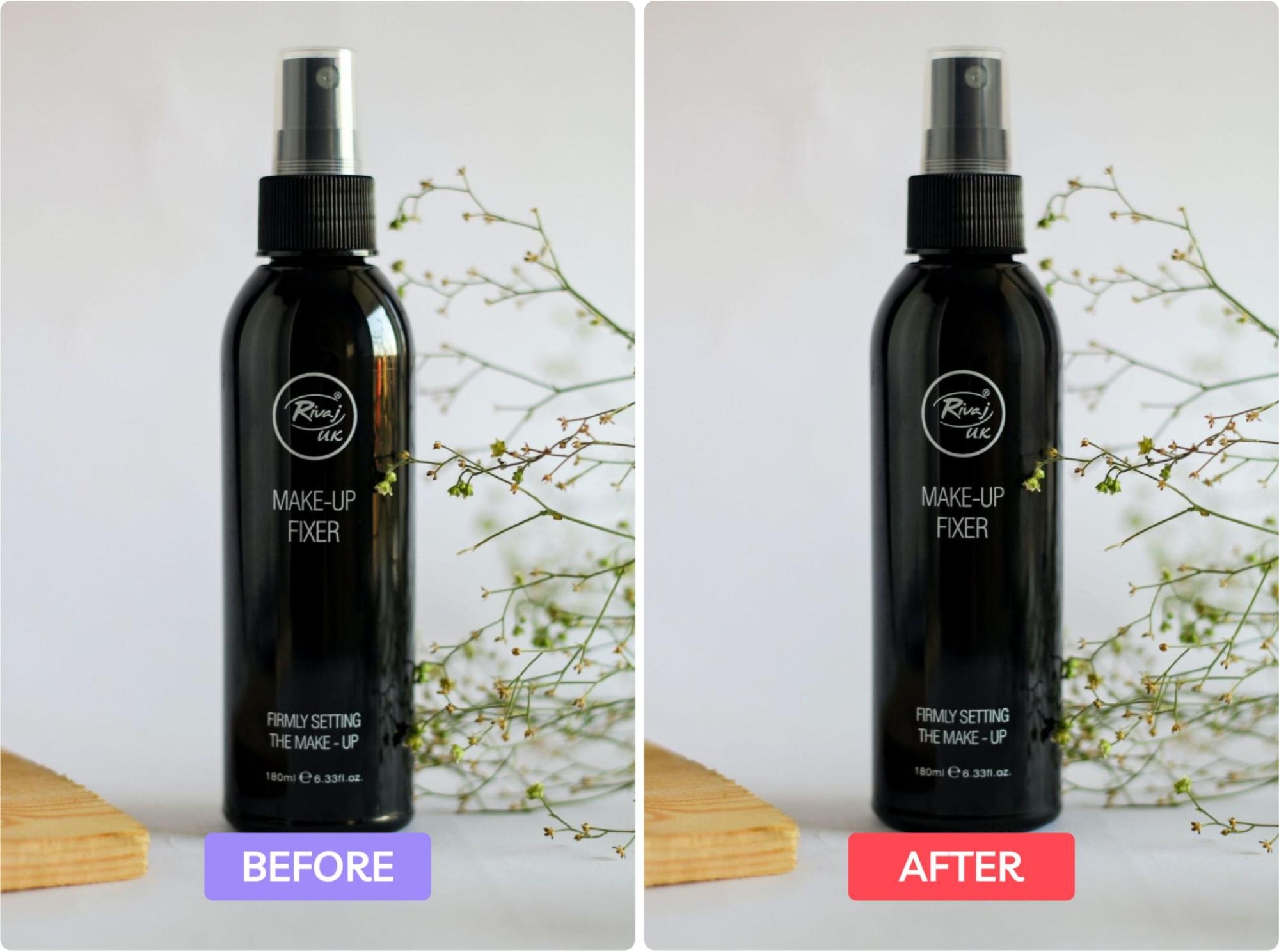 Side-by-side comparison of a makeup fixer spray bottle before and after retouching, with enhanced lighting and contrast.