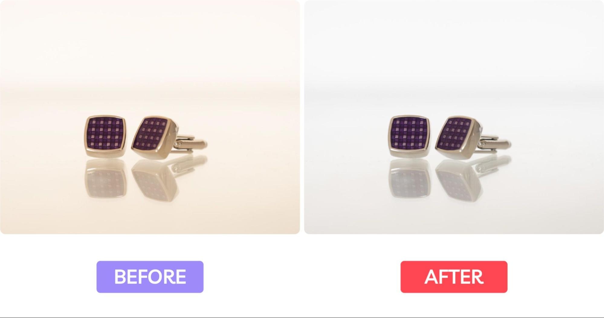 Side-by-side comparison of purple patterned cufflinks with background changed from beige to white.