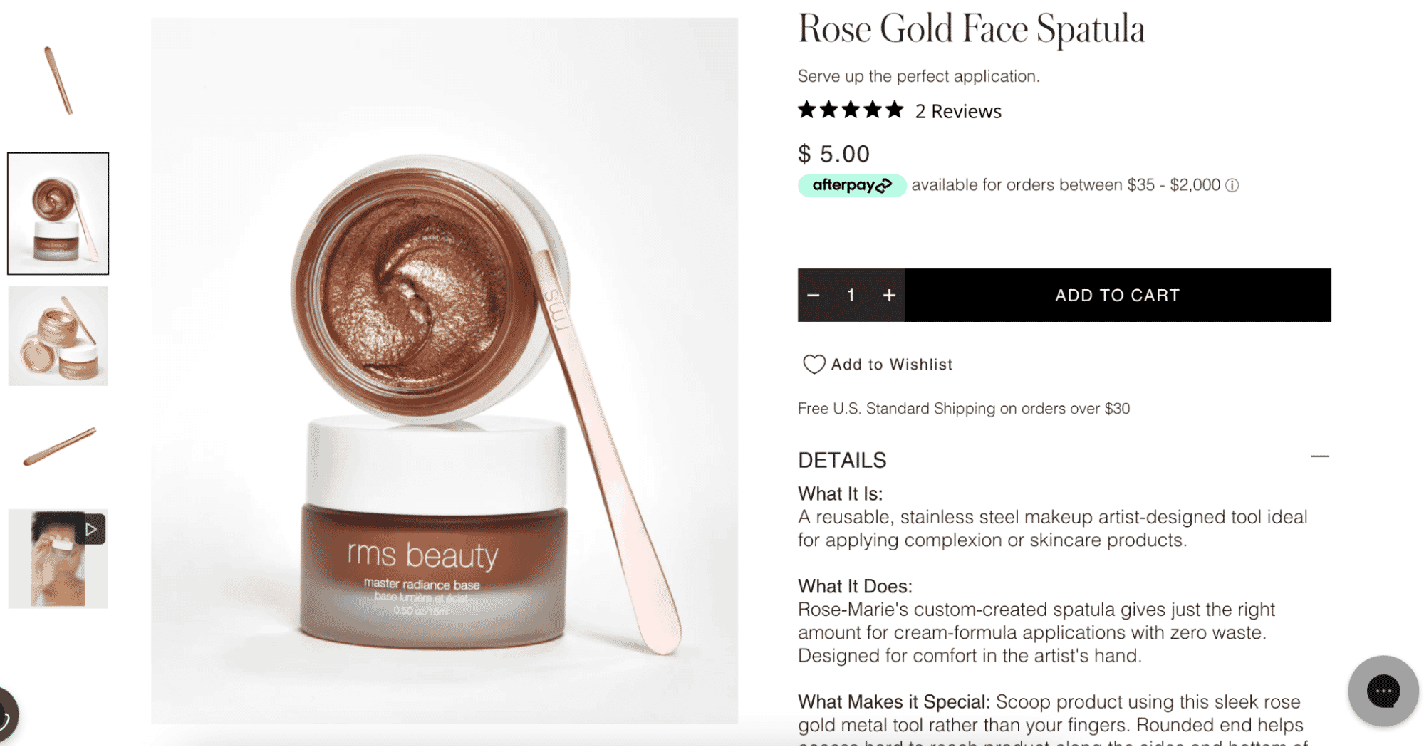 RMS Beauty Rose Gold Face Spatula displayed with a jar of Master Radiance Base on a white background.