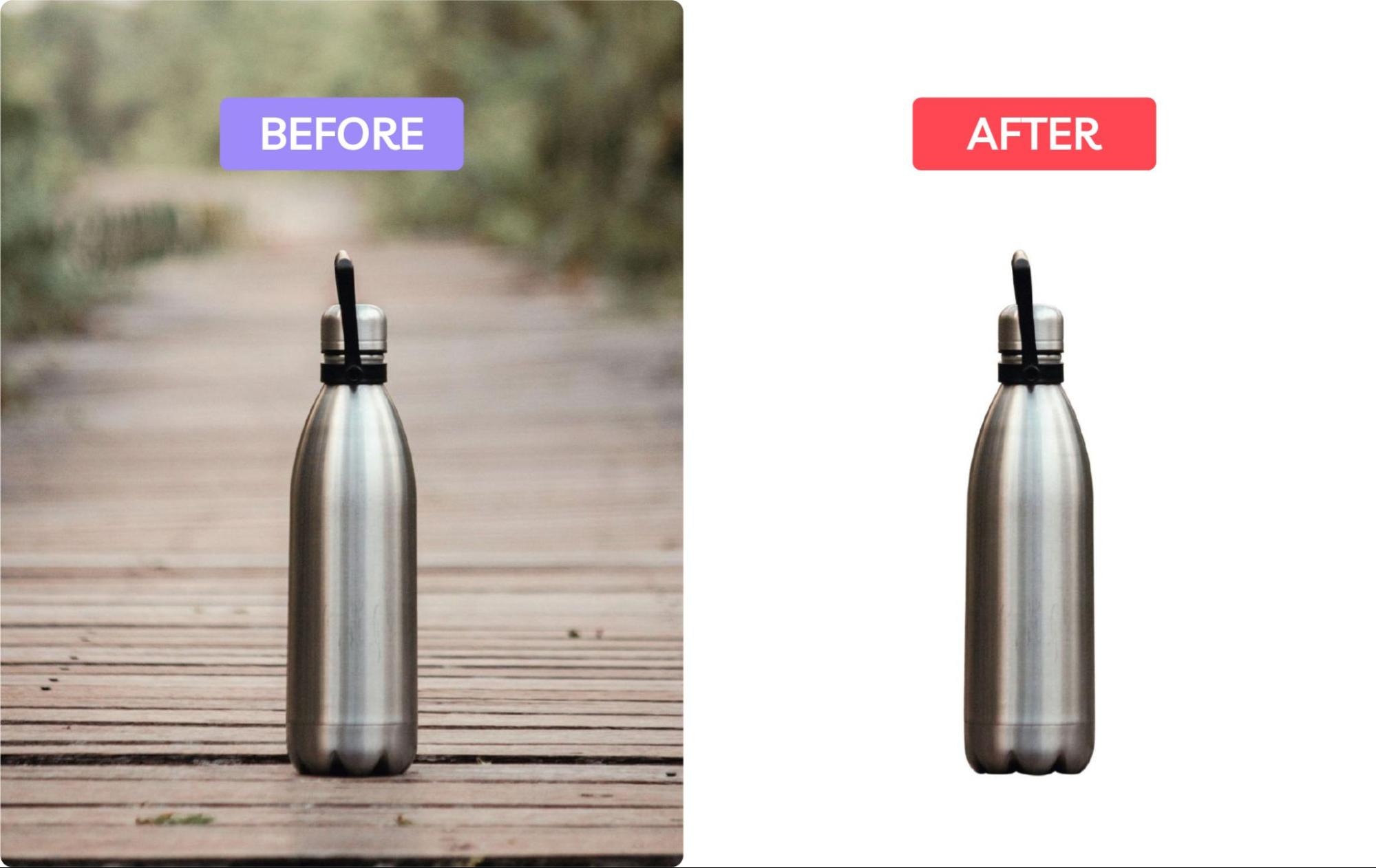 Side-by-side before and after of stainless steel water bottle with background removed for a clean, white backdrop.