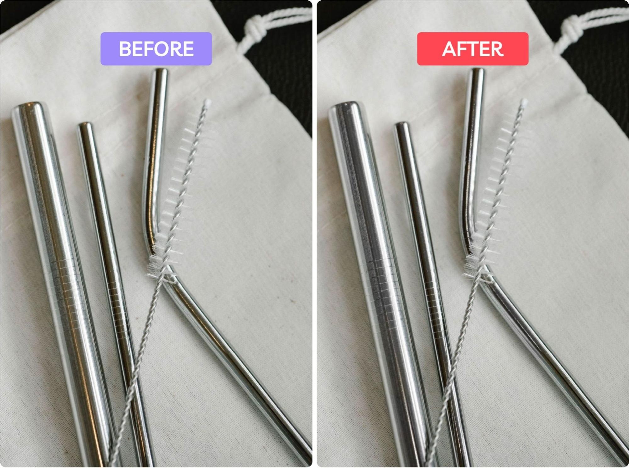Side-by-side view of a stainless steel straw set with cleaning brush, showing before and after retouching improvements.