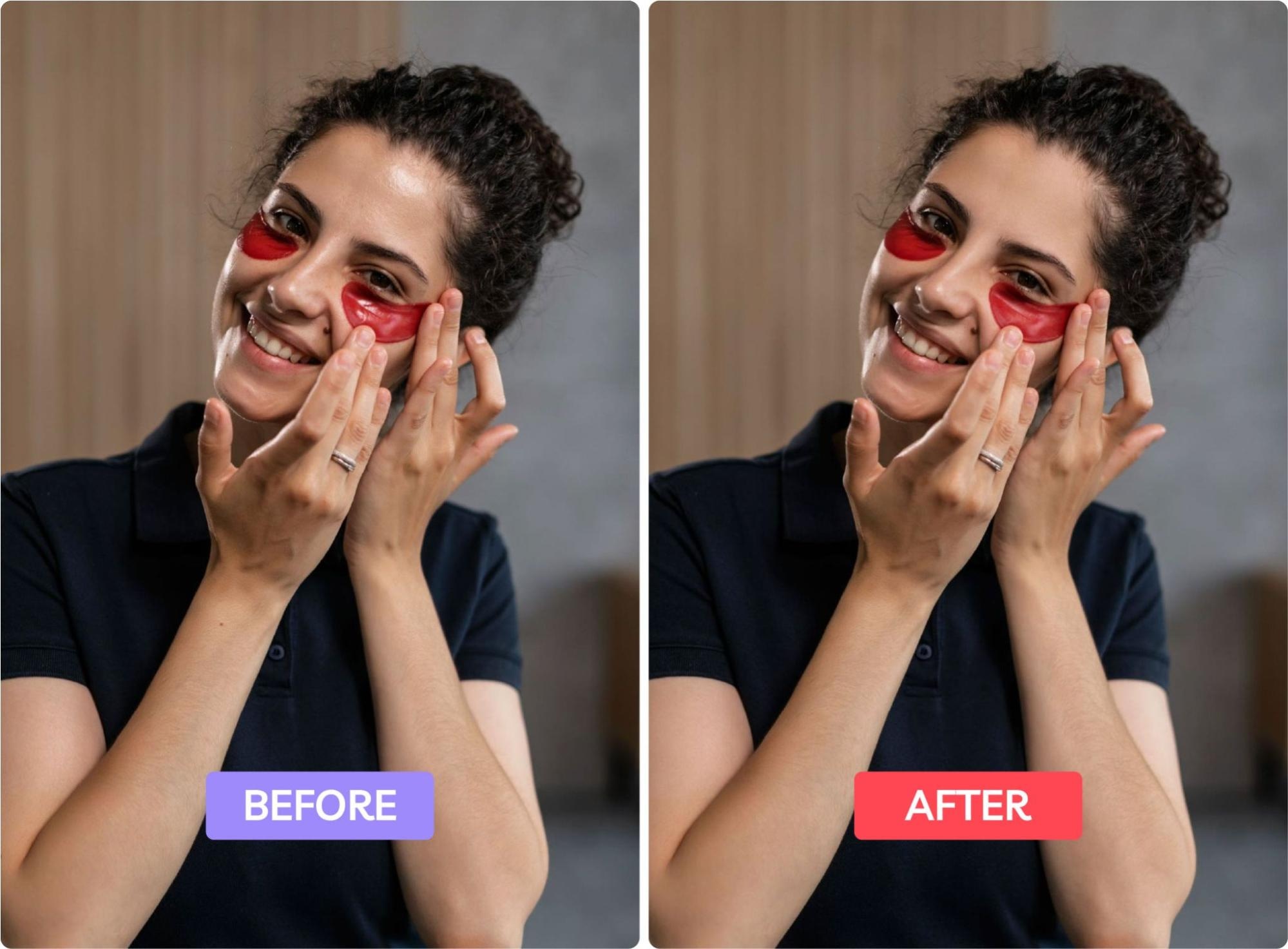 Side-by-side of a woman applying red under-eye patches, showing before and after retouching with improved lighting and clarity.