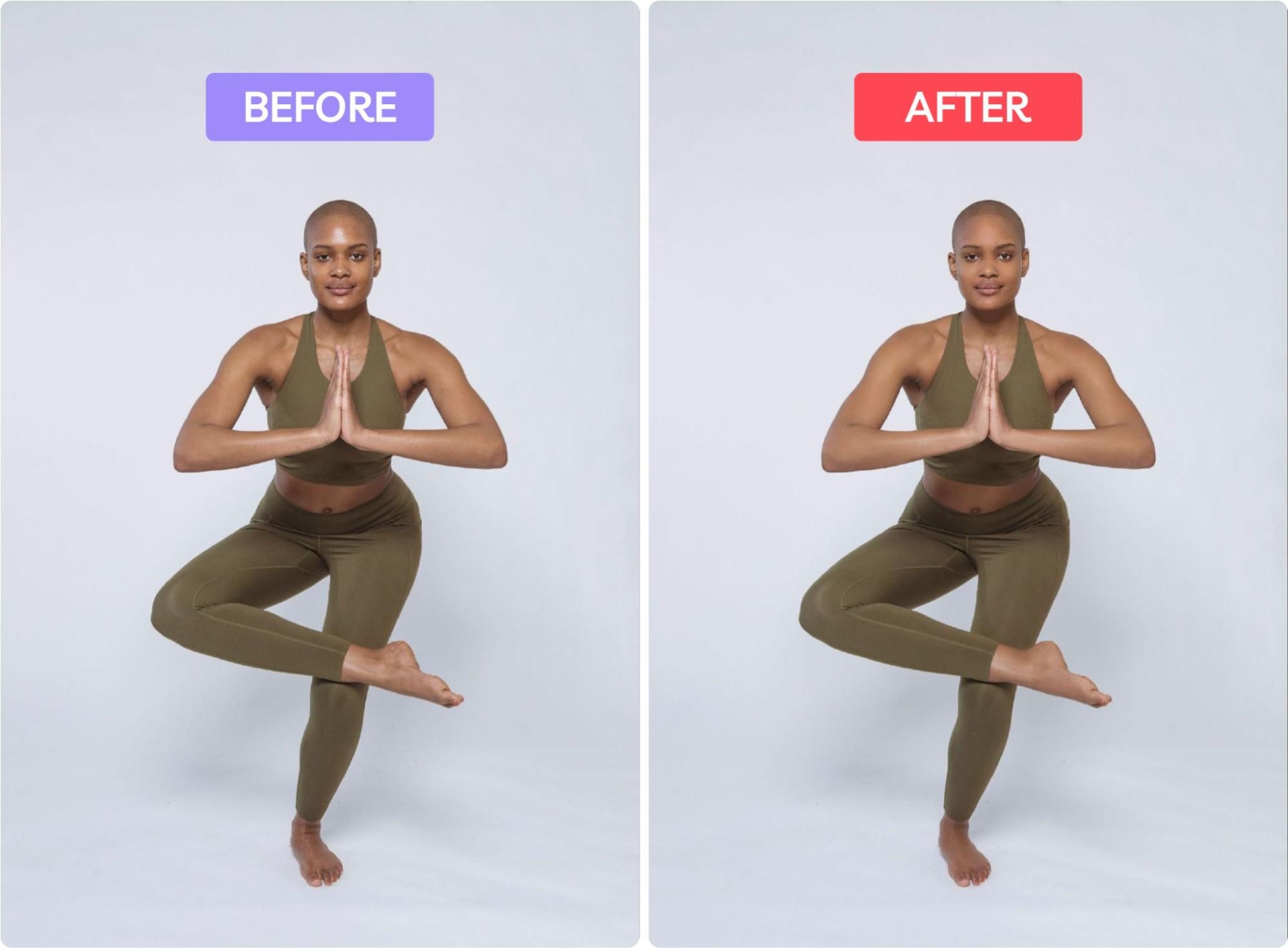 Side-by-side before and after retouching of a woman in yoga tree pose, highlighting enhanced lighting and background clarity.