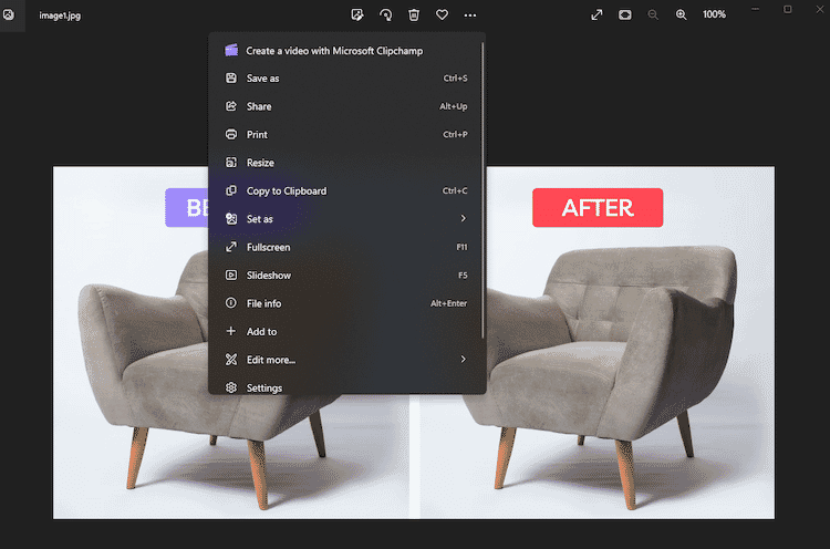 Windows menu with editing options displayed on a before-and-after comparison of a gray armchair