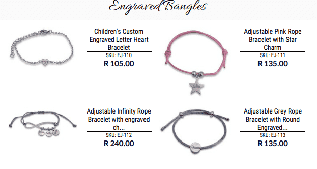 Collection of engraved bangles with pricing, featuring adjustable bracelets with charms and custom engravings