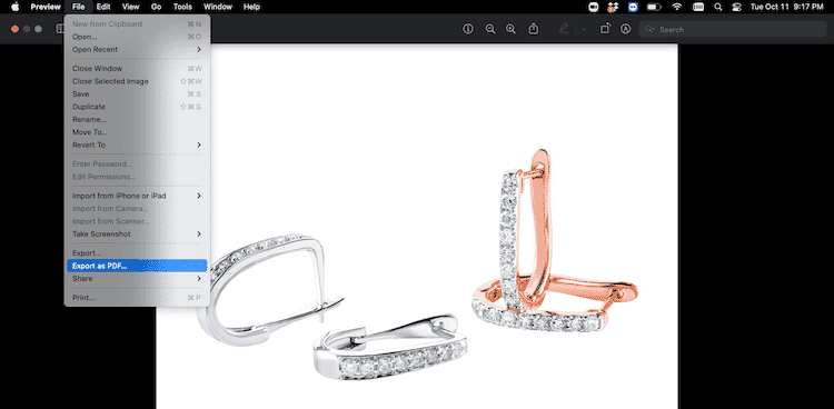 Mac Preview interface showing export to PDF option with jewelry image of diamond-studded earrings