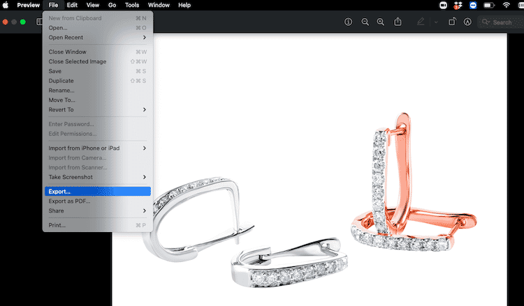 Mac Preview export options displayed for a jewelry image showing diamond-studded earrings in white and rose gold