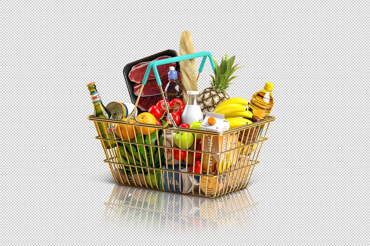 Gold shopping basket filled with various groceries on a transparent background
