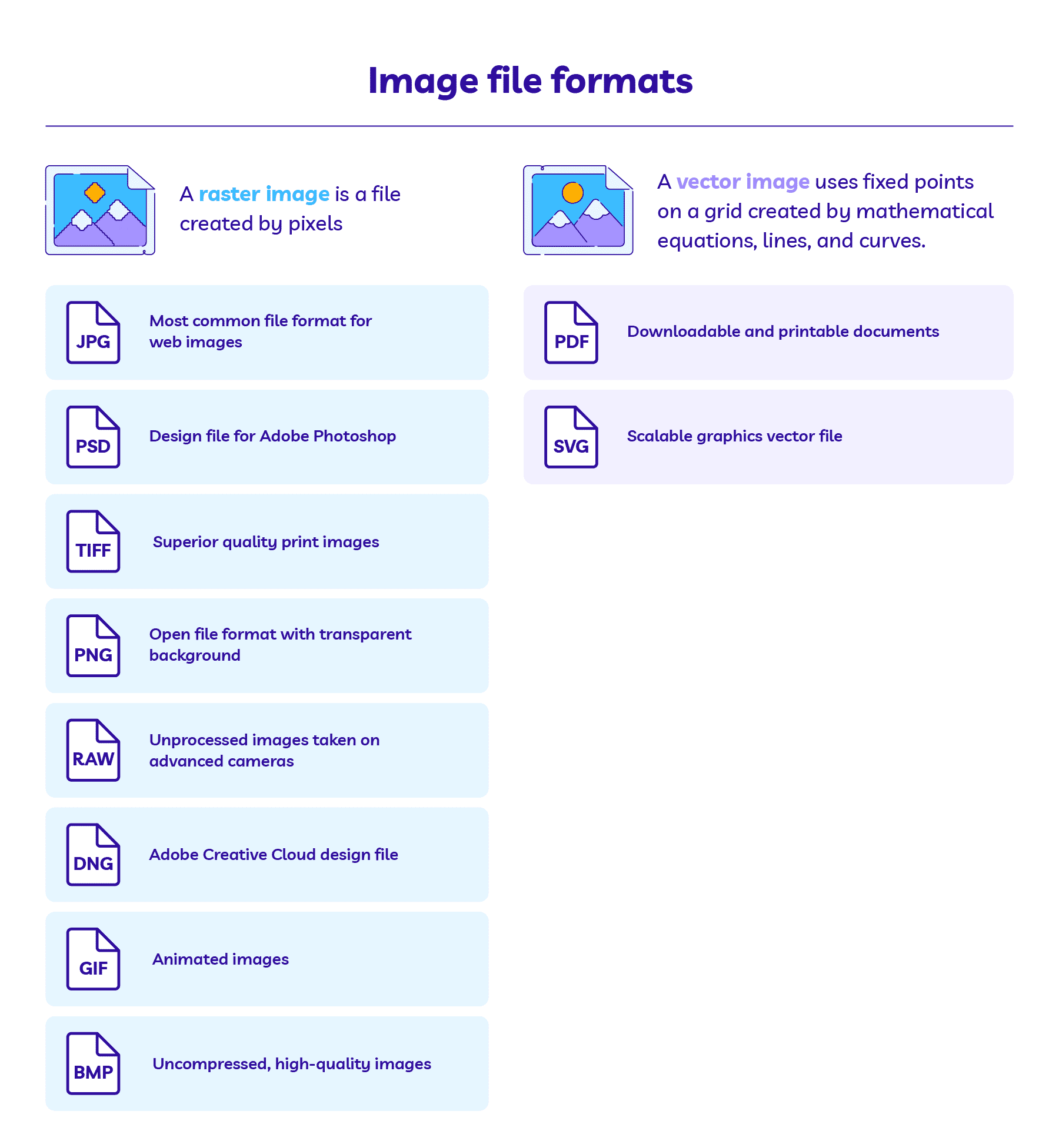 Comparison chart of raster and vector image formats for product photography with file type descriptions