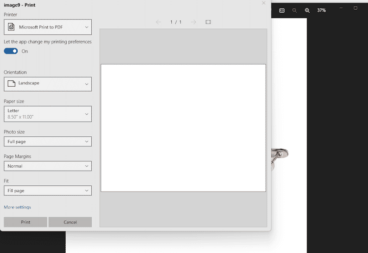 Microsoft Print to PDF dialog showing settings for printing a jewelry image with landscape orientation