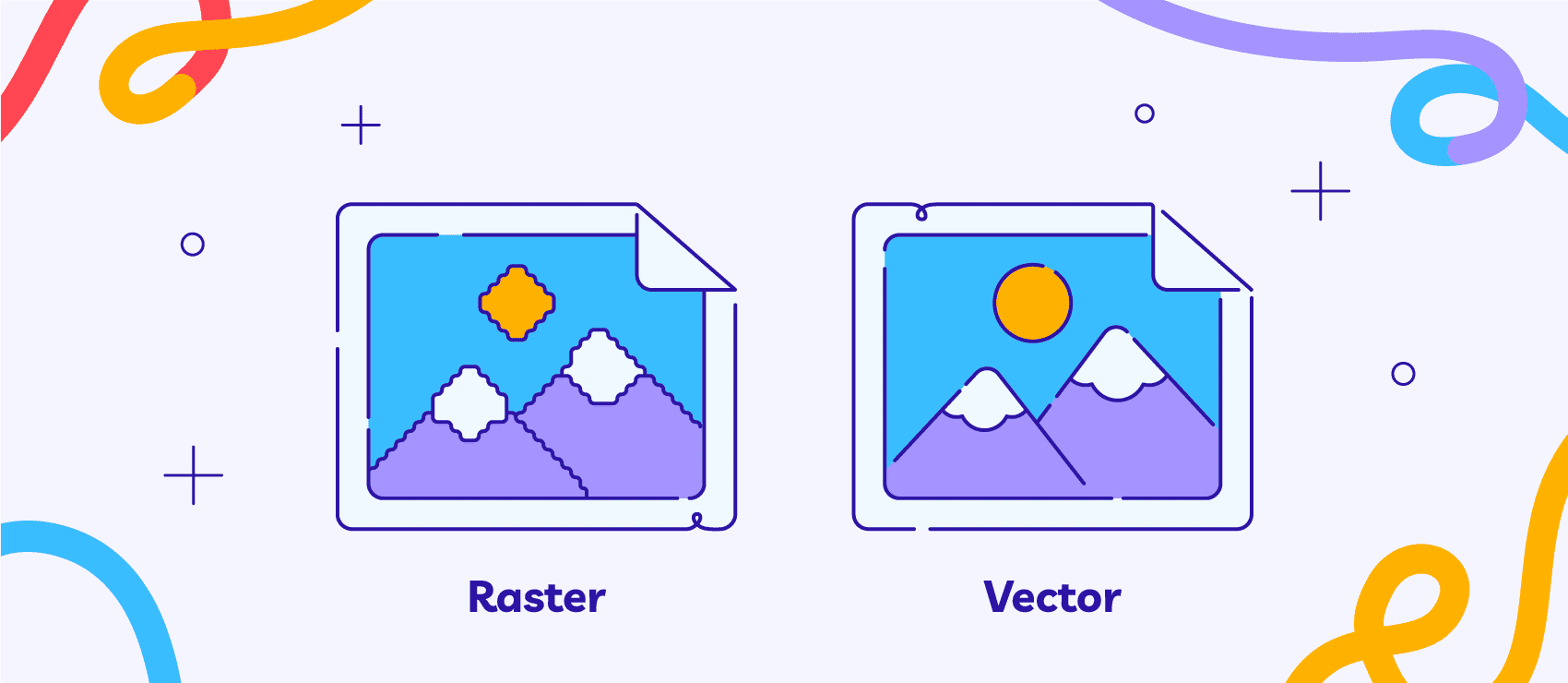 Illustration comparing raster and vector graphics with icons for each type