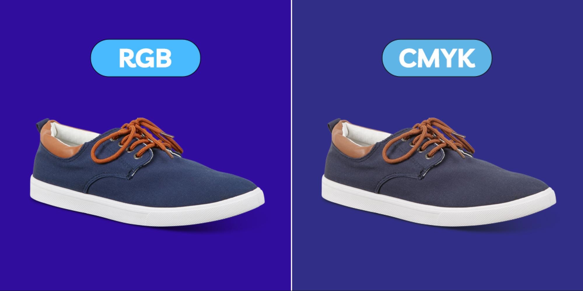 Comparison of a shoe in RGB and CMYK color modes for product photography