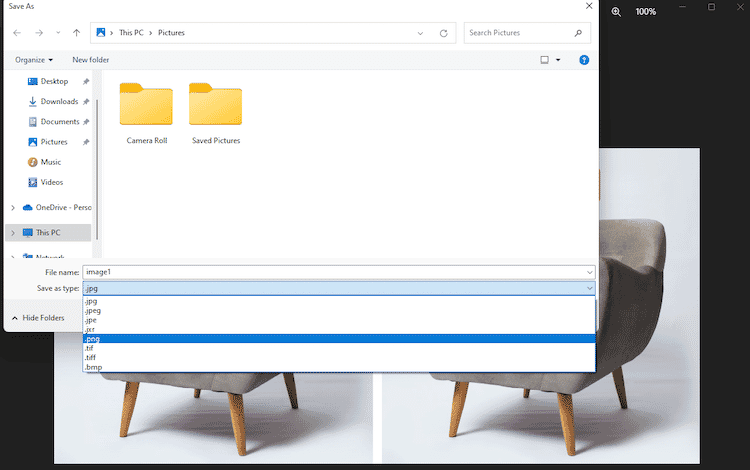 Windows Save As dialog showing options to save an image in different file formats like JPG, PNG, GIF, and TIFF