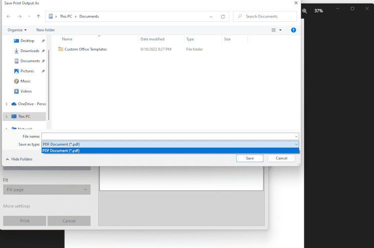 Windows save dialog for saving print output as PDF file in the Documents folder