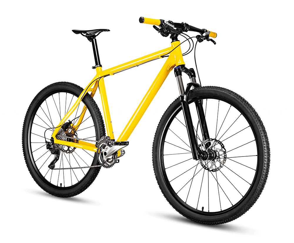 Yellow mountain bike with black tires and handlebars displayed on a white background