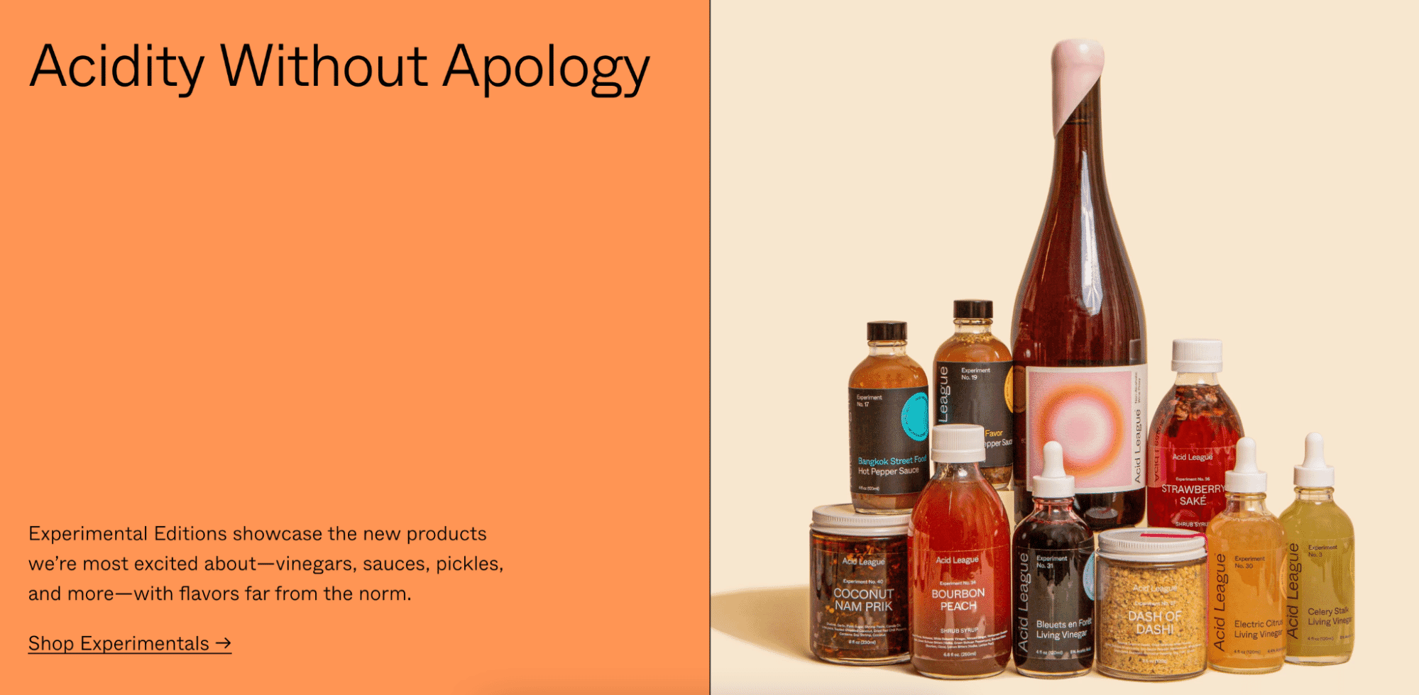 Assorted bottles and jars of Acid League’s experimental vinegars and sauces on a beige background