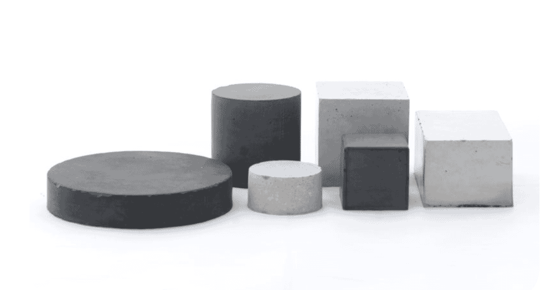 Set of concrete display blocks in round and square shapes on a white background