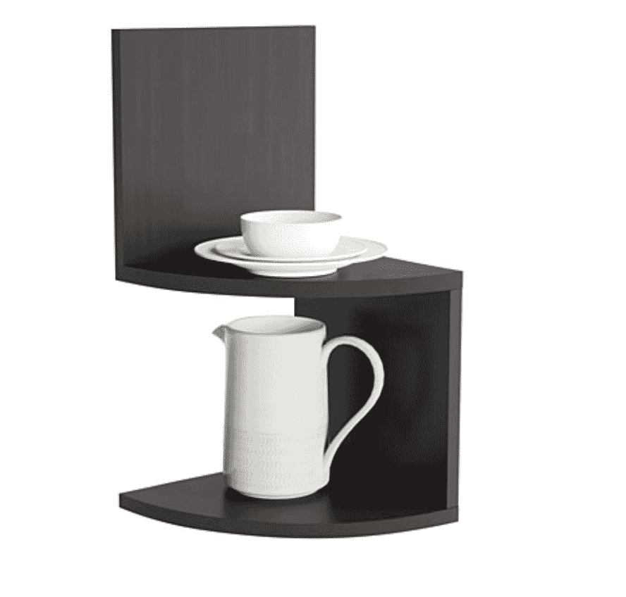 Black corner shelf holding a white ceramic jug on the bottom shelf and dishware on the top