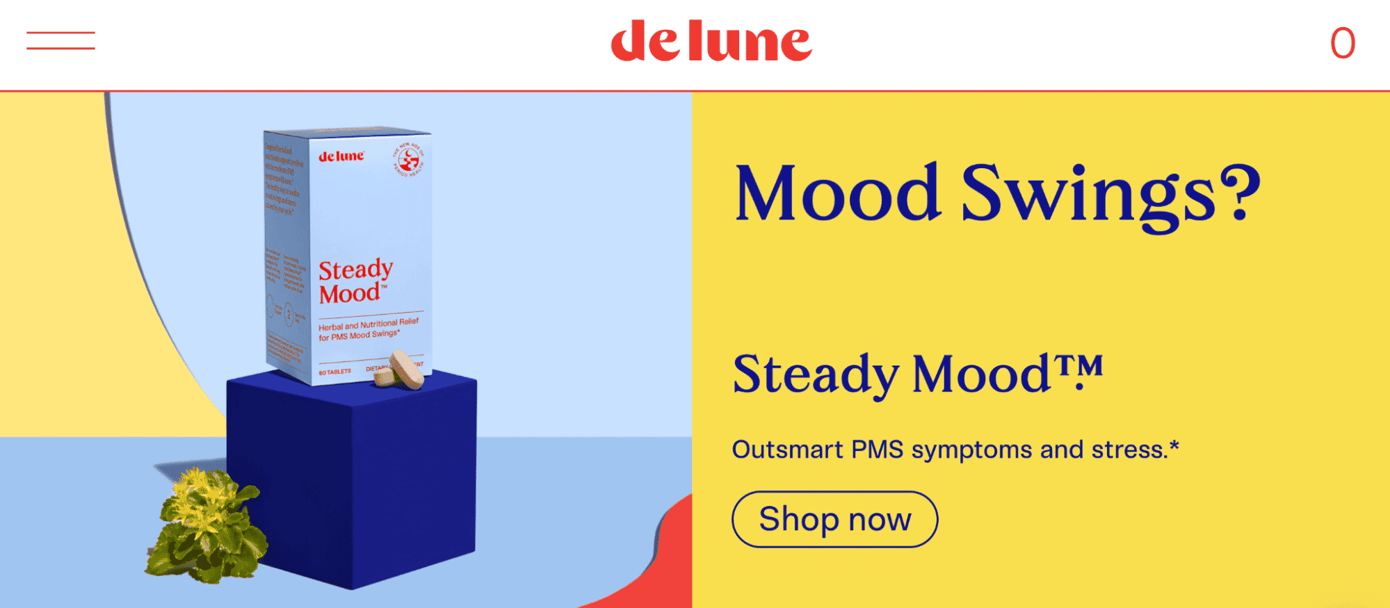 De Lune Steady Mood supplement box for PMS relief displayed on blue pedestal with capsule and plant
