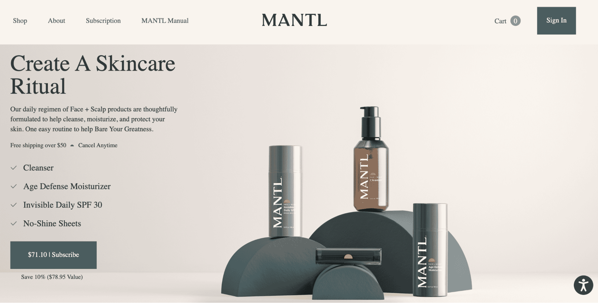 MANTL skincare products, including cleanser, moisturizer, and SPF, arranged on geometric stands